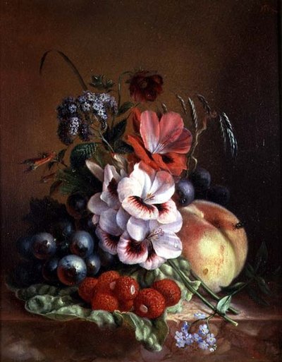 Still Life of Fruit and Flowers by Mme. A. van Ravensway